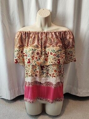 Floral Ruffle Peasant Blouse in Pink and Cream